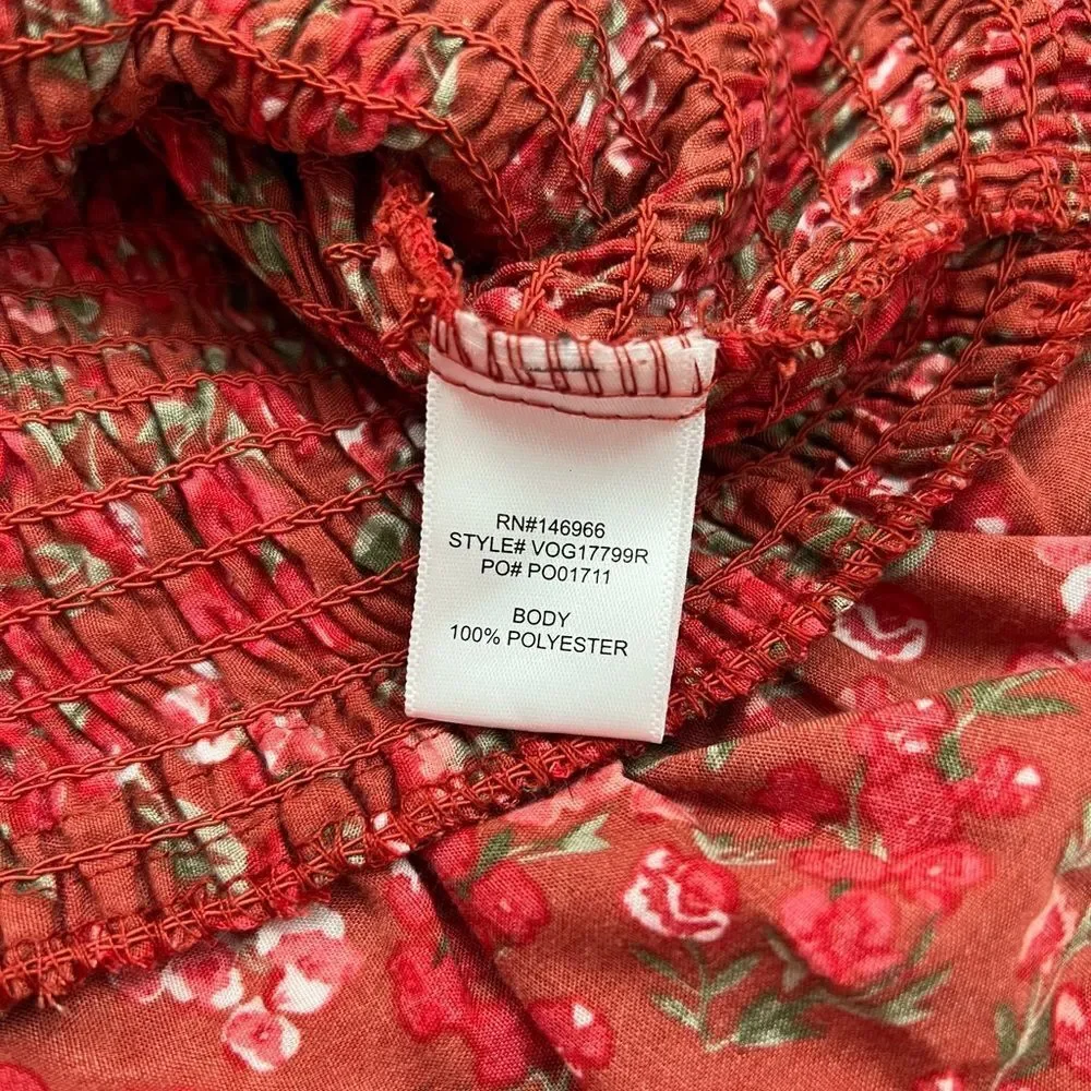Crystal Doll Red Rose Floral Smocked Stretch Pull On Ruffle Hem Mini Skirt Sz L
